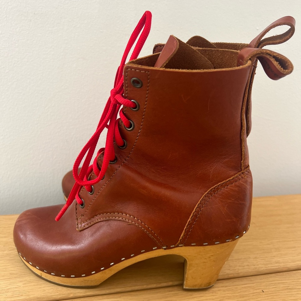 Swedish Hasbeens Lace Up Boots in Brown and Red